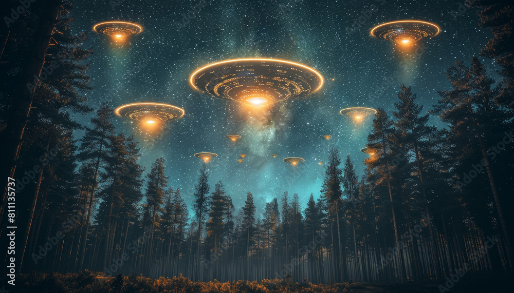 Poster a group of alien spaceships are flying through a forest at night by ai generated image