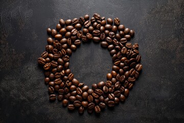 An artistic arrangement of coffee beans forming a circular pattern on a dark, matte surface, highlighting the glossy texture of the beans. - Powered by Adobe