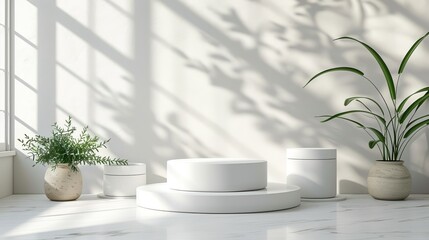 A 3D rendering of a white marble podium with a large plant and two small plants on it for product presentation.
