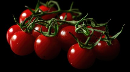Fresh red cherry tomatoes isolated on a black background with a close up view