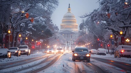 Winter Evening on Pennsylvania Avenue with US Capitol in the Background, Snow-Covered Streets and Illuminated Trees