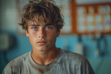 Obraz premium Teenage boy with a bruised face in a contemplative mood, in a school setting