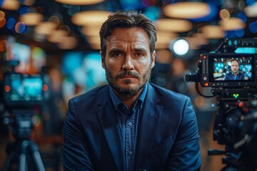 Obraz premium Confident male professional in a suit is filmed for an interview or reportage in a studio with bokeh background