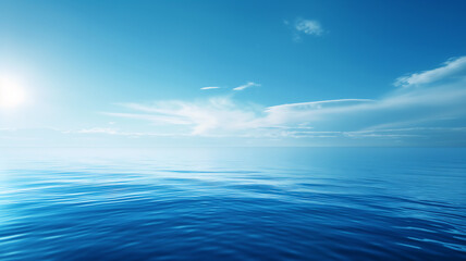 Calm ocean water under a clear blue sky with soft, wispy clouds and bright sunlight.