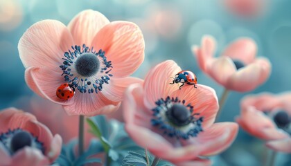 Pink flowers and ladybugs in spring nature outdoors against blue sky, macro, soft focus. Charming colorful artistic image of nature, spring floral wallpaper. - Powered by Adobe