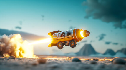 Toy rocket car launching in a desert landscape, emitting bright flames, with mountains in the background.