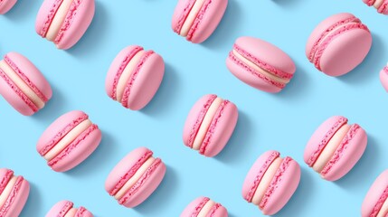 Obraz premium Seamless pattern of pink macarons on blue background