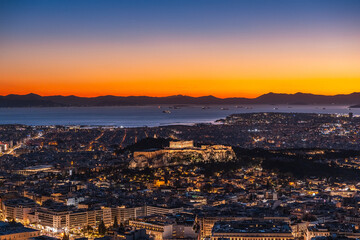 View on Athens Parthenon in sunset