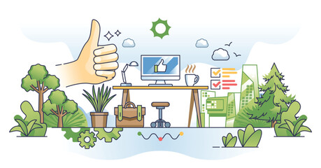 Job satisfaction and employee work place appreciation outline hands concept. Productivity and effective motivation from suitable environment in office vector illustration. Happy and loyal employee.