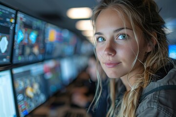 A keen young woman in a modern setting dominated by an array of digital screens, signifying tech expertise