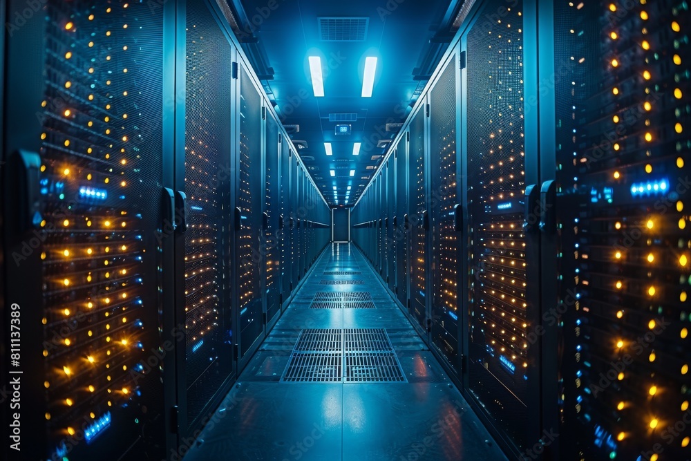 Poster impressive view inside a modern data center with rows of high powered servers and led lights creatin