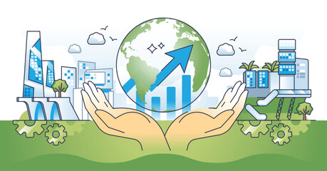 Global eco investment for sustainable business profit outline hands concept. Ecological finance funding with environmental cause and green impact on climate saving practices vector illustration.
