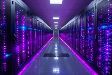 An aisle in a data center with server racks glowing in technologically advanced purple lighting