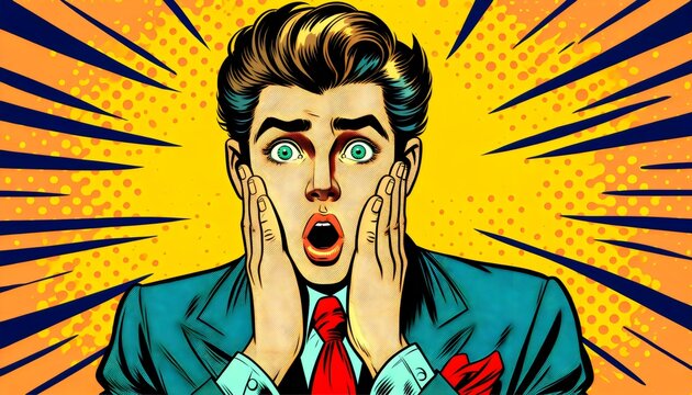 Shockwave of Surprise, a young man in a teal suit with his hands on his cheeks, mouth wide open in a classic expression of shock