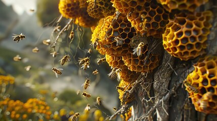 Macro photo of a bee hive on a honeycomb with copyspace. Bees produce fresh, healthy, honey. Beekeeping concept. AI generated illustration