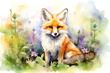 Capture the essence of a majestic fox, with fiery orange fur, confidently holding a sign voting X against a backdrop of lush greenery, in a watercolor painting that exudes natural beauty