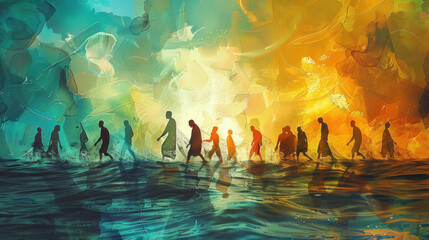 Disciples Walking on Water Scene, Pentecost a Christian holiday, the descent of the Holy Spirit.