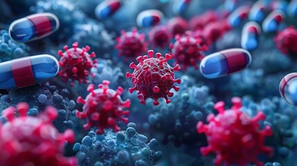 This is an image of a virus. The virus is red and the background is blue. The virus looks like it is attacking the body.