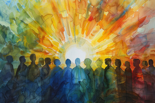 Vibrant Watercolor Diversity Gathering Scene, Pentecost a Christian holiday, the descent of the Holy Spirit. - Powered by Adobe
