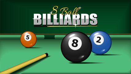 Billiard pool balls game home screen. with numbers eight, 3d objects two and five. Realistic glossy snooker ball