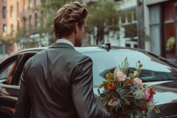 A man dressed in a suit holds a beautiful bouquet of flowers in his hands. - Powered by Adobe