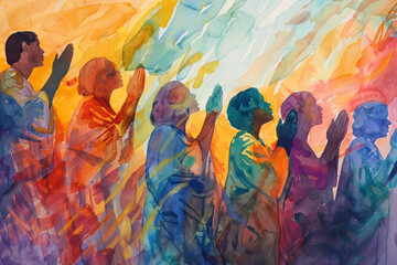 Obraz premium Disciples Praying Together in Unison, Pentecost a Christian holiday, the descent of the Holy Spirit.