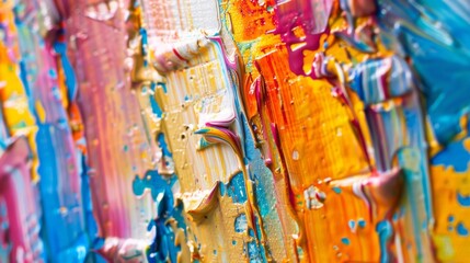 Close-up view of a colorful and vibrant painting adorning a textured wall, showcasing intricate details and bold hues.