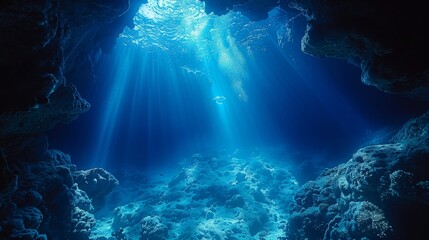 Underwater cave with bright light shining through the water.
