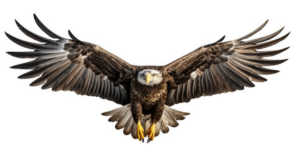 A bald eagle soars through the sky with its wings outstretched.