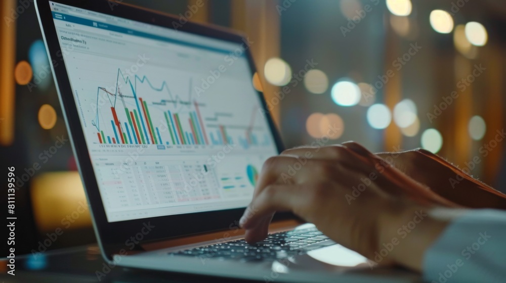 Poster A close-up of a laptop screen displaying a line graph, with hands typing data into a spreadsheet, highlighting financial analysis.