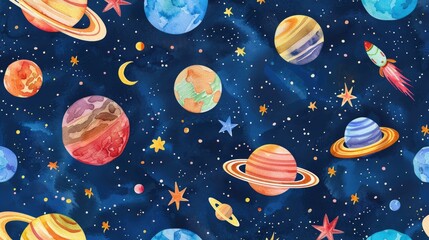 Watercolor illustration featuring a seamless pattern of beautifully hand painted planets stars moons meteorites and asteroids portraying celestial bodies in the vast expanse of outer space 