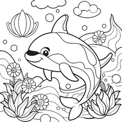 Coloring book for adults. Black and white illustration of a cute dolphin swimming among the flowers.