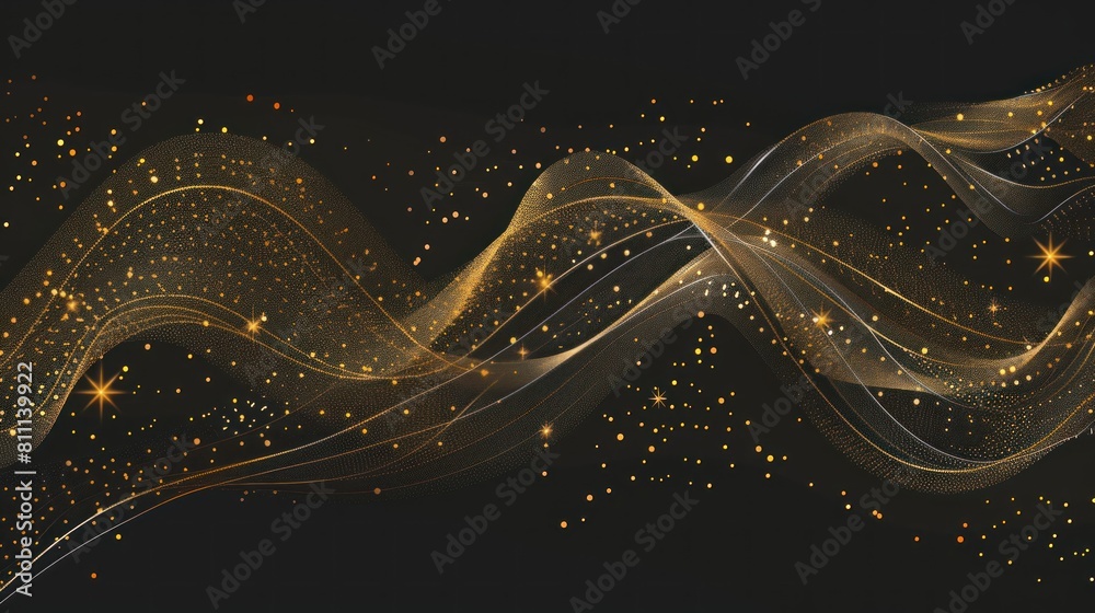 Poster abstract golden wave. shiny gold line design element with sparkling effect on dark background