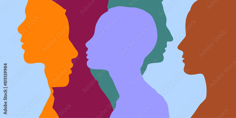 Wall mural abstract profile silhouette of man and woman. diversity of multicultural, multiethnic people. the co