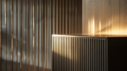 Intimate view of a modern, sleek cabinet with magical, calming lines, orderly aesthetic on an isolated background with studio lighting