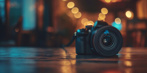 A professional camera lens placed on a vintage wooden surface, set against a backdrop of soft, enchanting bokeh lights in the darkness - Powered by Adobe