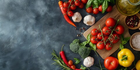 An array of fresh vegetables like tomatoes, peppers, and herbs on a rustic dark surface with copy space