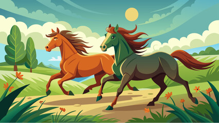 Two horses running in a field with a bright sun in the background