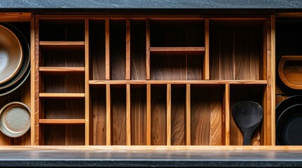 High-detailed empty drawer with modular wooden dividers, accentuating the beauty of organization in this portrait-captured shot