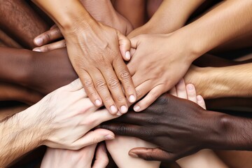 A powerful image of many different hands joined together in the center representing unity, diversity, teamwork, and collaboration