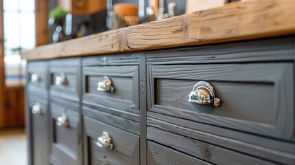 Gray light vintage cabinet doors with stainless steel handles, close-up view in a wooden kitchen, showcasing craftsmanship and texture