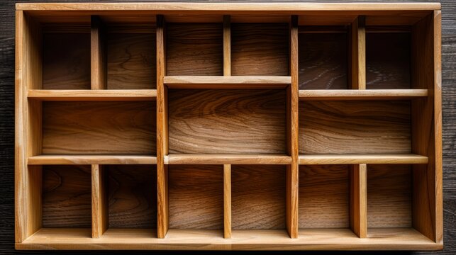 High-detailed empty drawer with modular wooden dividers, accentuating the beauty of organization in this portrait-captured shot