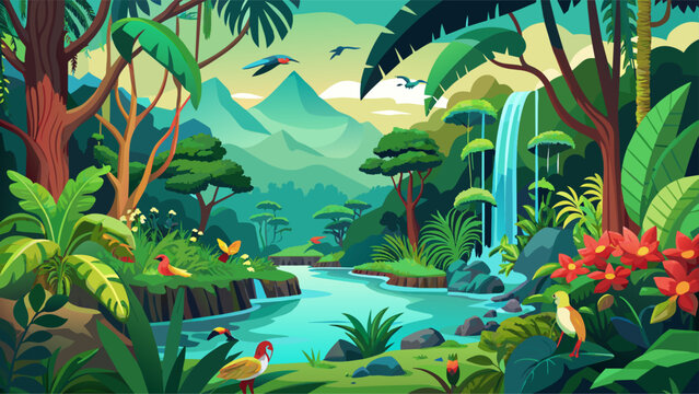 A lush green jungle with a river flowing through it. The scene is full of life and color, with various animals and plants scattered throughout the area