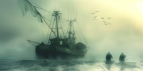 A silhouette of a fishing boat and men on a foggy sea creates an eerie yet tranquil scene