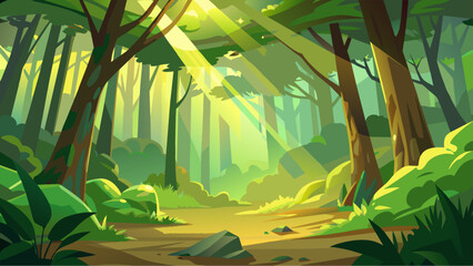 A forest scene with sunlight shining through the trees