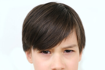 close up part child face, boy 10 years old, human eye looking directly, concept surveillance,...