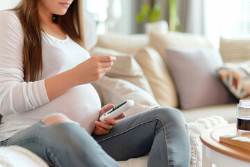 close up of Pregnant Woman Using Glucose meter test to Monitor Blood Sugar at Home. Health care and diabetes concept