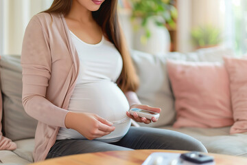 close up of Pregnant Woman Preparing to Test Blood Sugar Level with Glucosmeter at Home