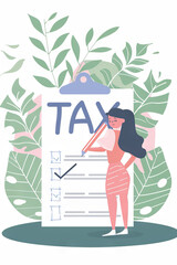 vertical illustration of Woman Checking Tax Document