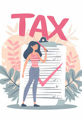 vertical illustration of Woman filling Tax document